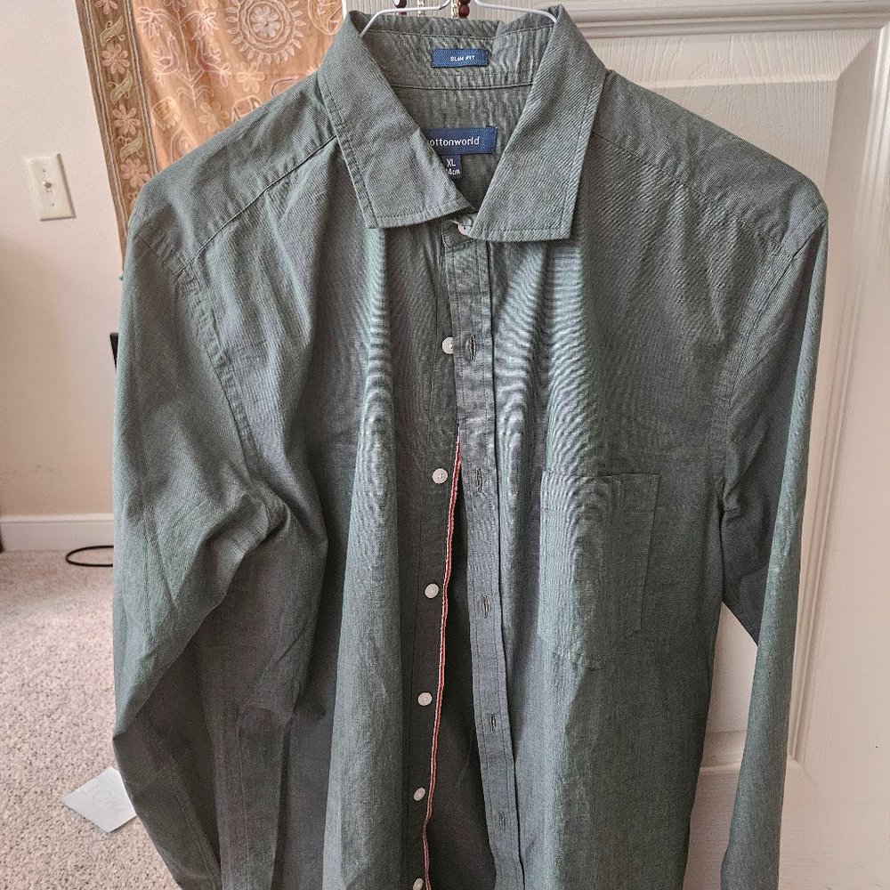 Dark Green, CottonWorld Button Down. Unique Collar